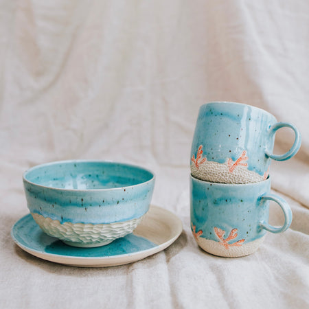Handmade ceramic Latte Coral cup with sea and coral design